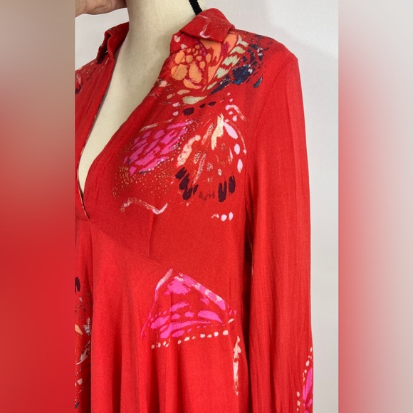 Free People Field of Butterflies Oversized Red Orange Long Sleeve Tunic size S - Picture 6 of 13